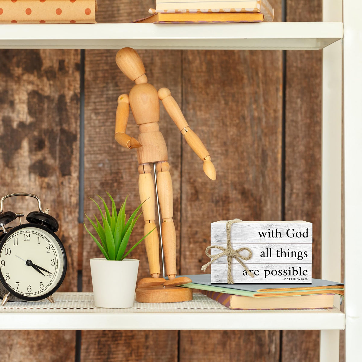Mini Decorative Books For Home Decor, Small Christian Table Faux Wood Book Stack Decor, With God All Things Are Possible Bible Stacked Book Decor, Stack Display Book For Shelf, Three Pieces -A(02)