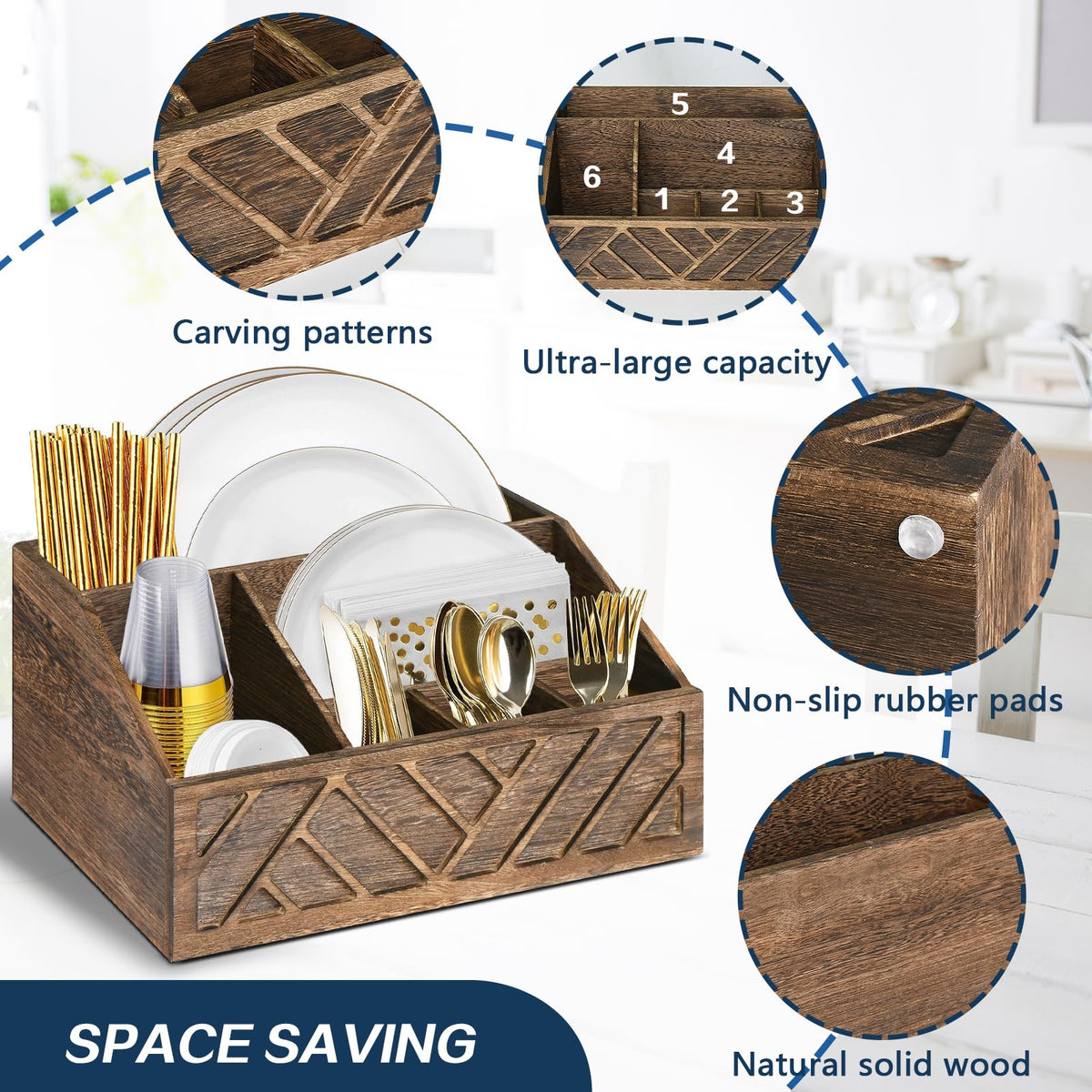 Ukonvi Paper Plate Dispenser, Paper Plate Holder for Kitchen Counter, Wood Rustic Silverware Utensil Caddy, Cutlery Flatware Organizer Box for Cups Spoons Forks Plates Napkins, Kitchen Accessories