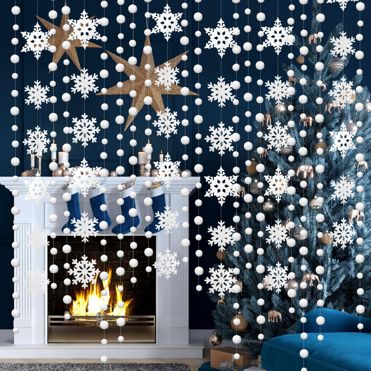 HunnmingRe 20 Pcs Snowflake Garland Winter Christmas Hanging Snowflake Decorations White Snowball Streamers Strings Xmas Wonderland Birthday Party Decorations