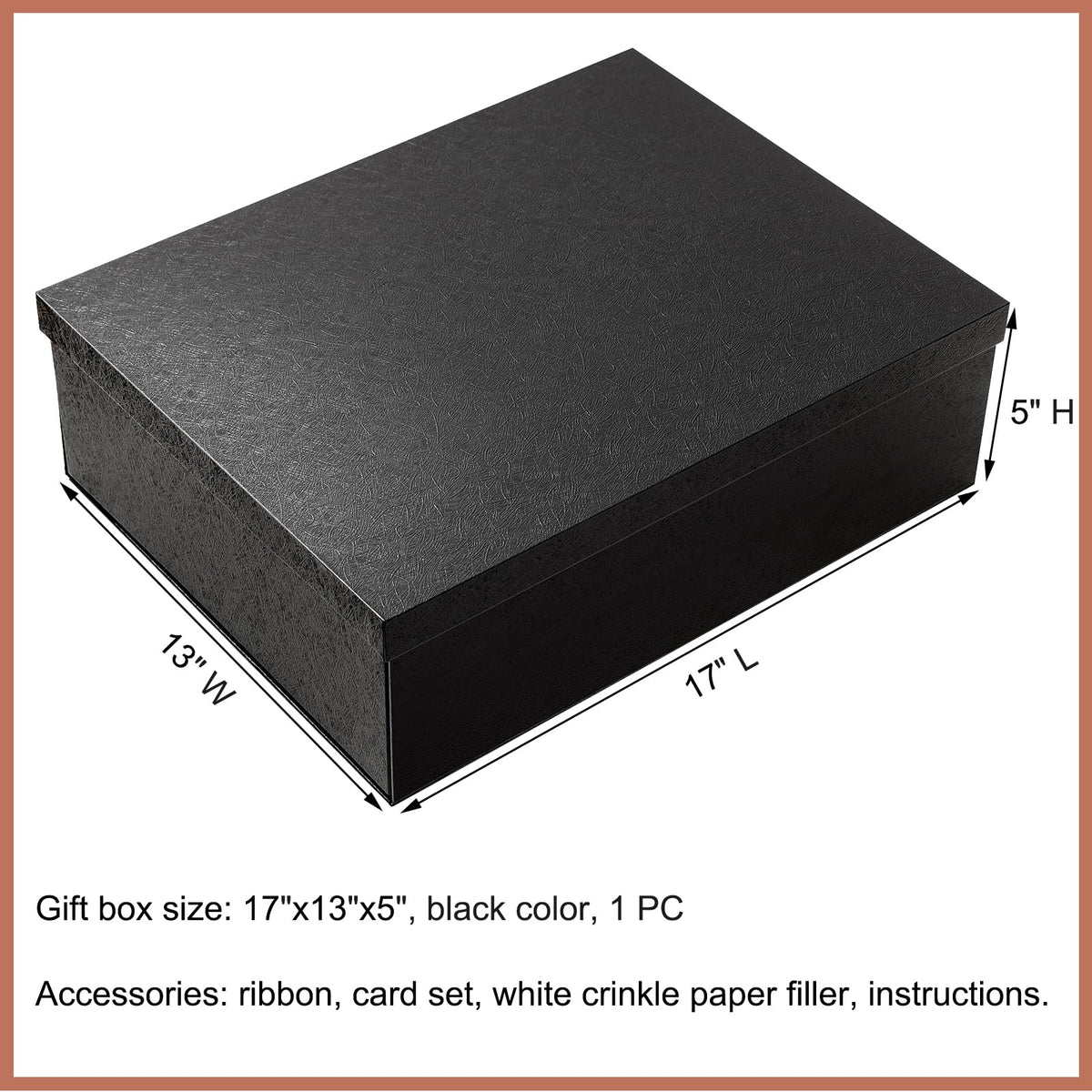Mefleet 17x13x5 Inches Large Gift Box with Lid for Presents 1 Pack Big Deep Black Gift Boxes for Christmas, Birthday, Valentine's Day,Mother's Day Presents - Contains Crinkle Paper,Ribbon and Card