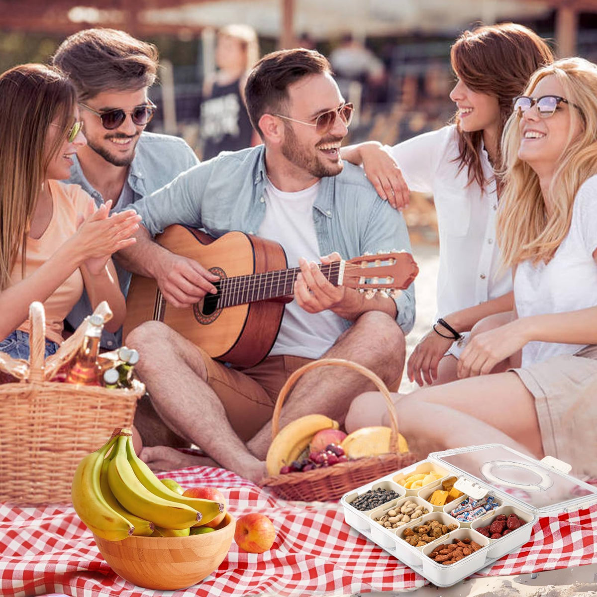 shopwithgreen Divided Serving Tray with Lid and Handle, Portable Snackle Box Charcuterie Container for Party, Veggies, Snack, Fruit, Nuts, Candy, Christmas Tray Snack Box for Entertaining, Picnic