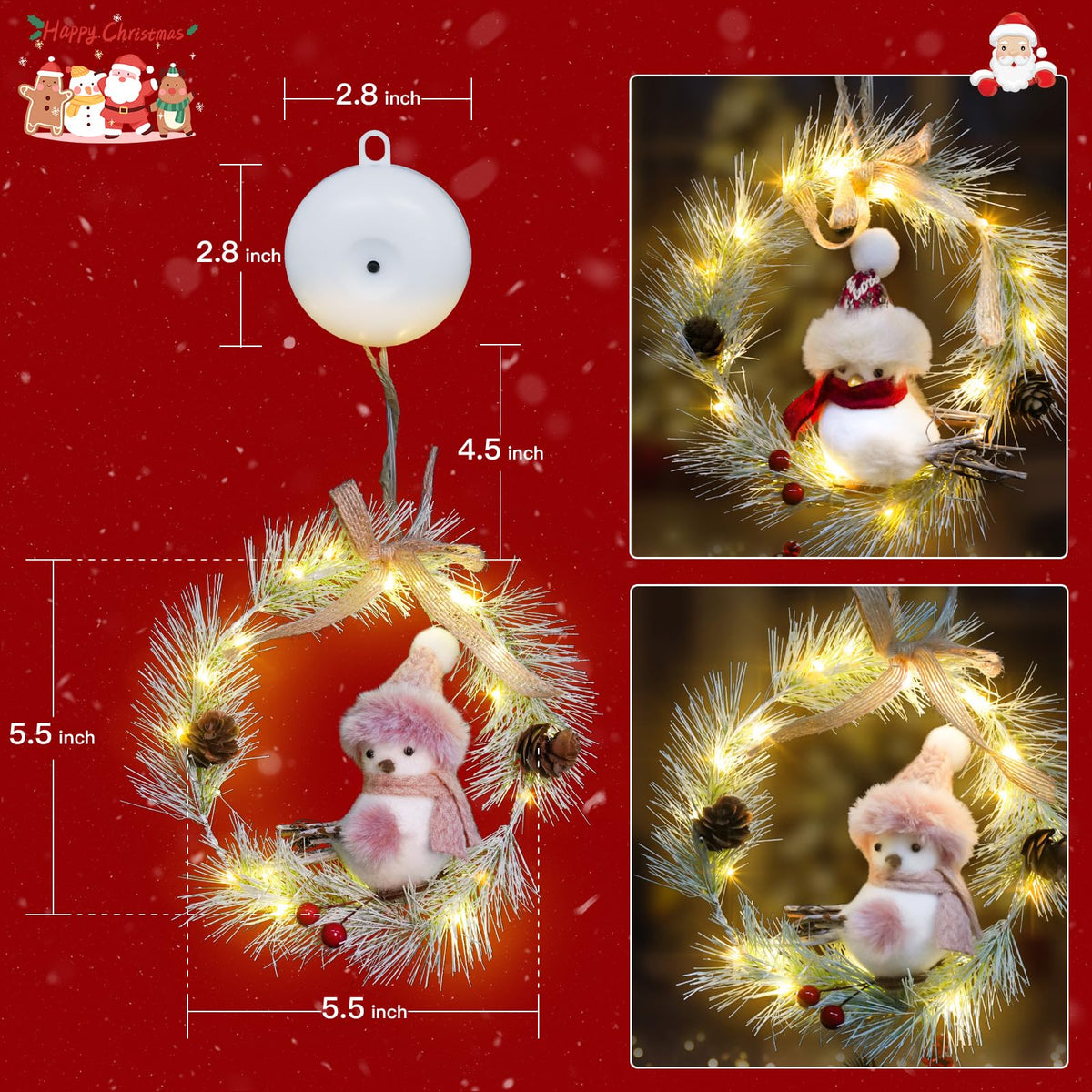 suddus 2 Pack Christmas Window Lights with Suction Cup- Battery Operated Wreath String Lights Indoor with Timer, Christmas Decorations for Home, Window, Door, Wall,Staircase,Gift,Tree Indoor