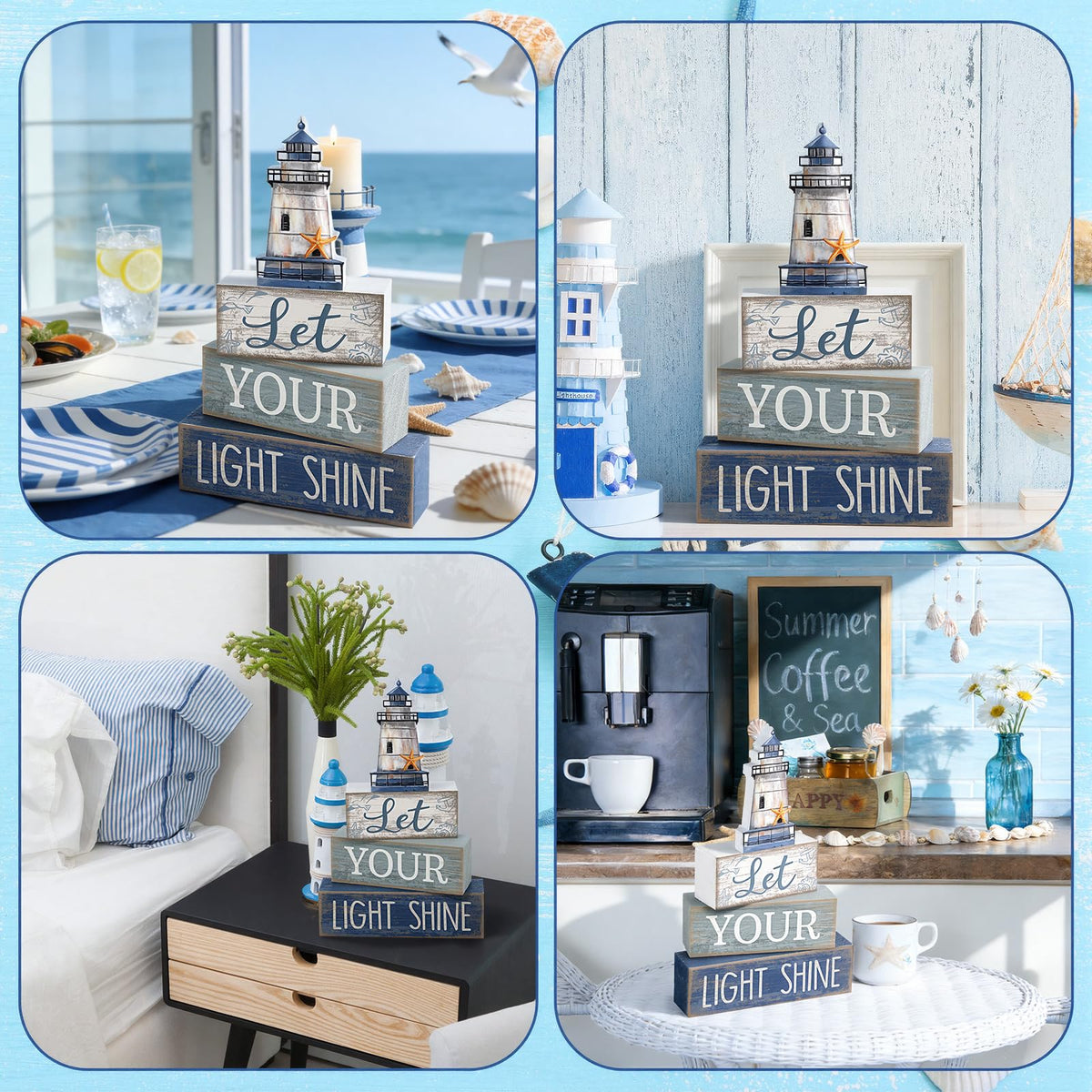 Lineshading 4 Pcs Beach Coastal Table Decor Wooden Lighthouse Decoration with Starfish Summer Tiered Tray Decor Blue and White Ocean Centerpieces Rustic Beach House Nautical Decorations for Home Shelf