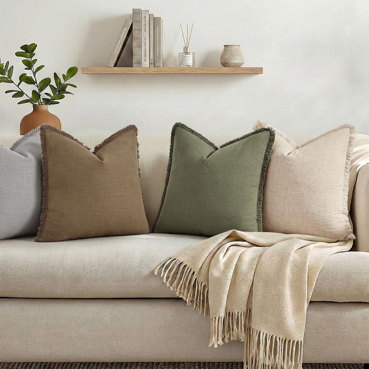 decorUhome Summer Decorative Neutral Linen Fringe Throw Pillow Covers Set of 2 Olive Green Pillow Covers with Tassels Soft Farmhouse Boho Accent Pillow Cases for Couch Bed Sofa 18x18 Inch