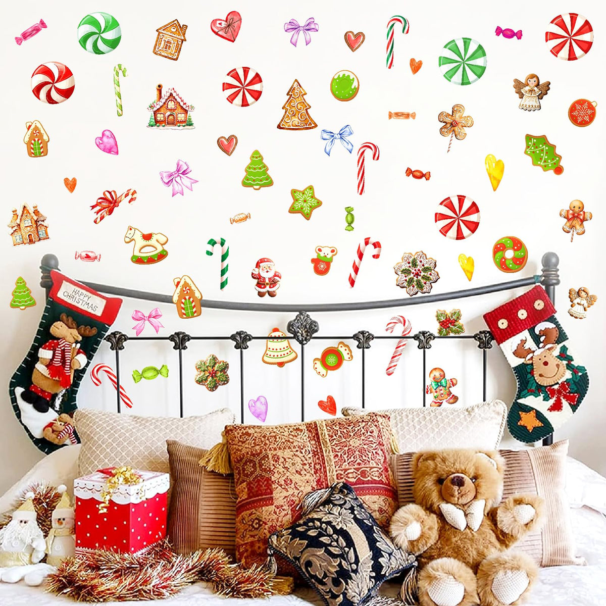 Christmas Ornaments Wall Decals Peel and Stick Christmas Candy Wall Stickers Removable Candy Cane Wall Stickers Peppermint Floor Decals Xmas Candyland Home Decor Holiday Party Decorations