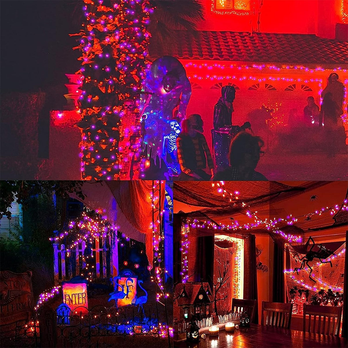 WATERGLIDE 2 Pack 50 LED Outdoor Halloween Lights, 16 FT Mini String Light with 8 Modes, Waterproof Battery Operated Tree Lights for Indoor Outdoor Patio Garden Party Decoration, Orange & Purple
