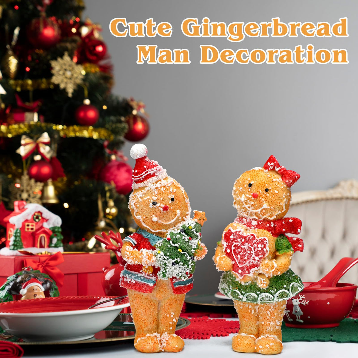 Moucuny 2 Pieces Christmas Gingerbread Decorations Cute Christmas Resin Gingerbread with Chef Hat Candy Bow Scarf Snowman Table Decor for Home Kitchen