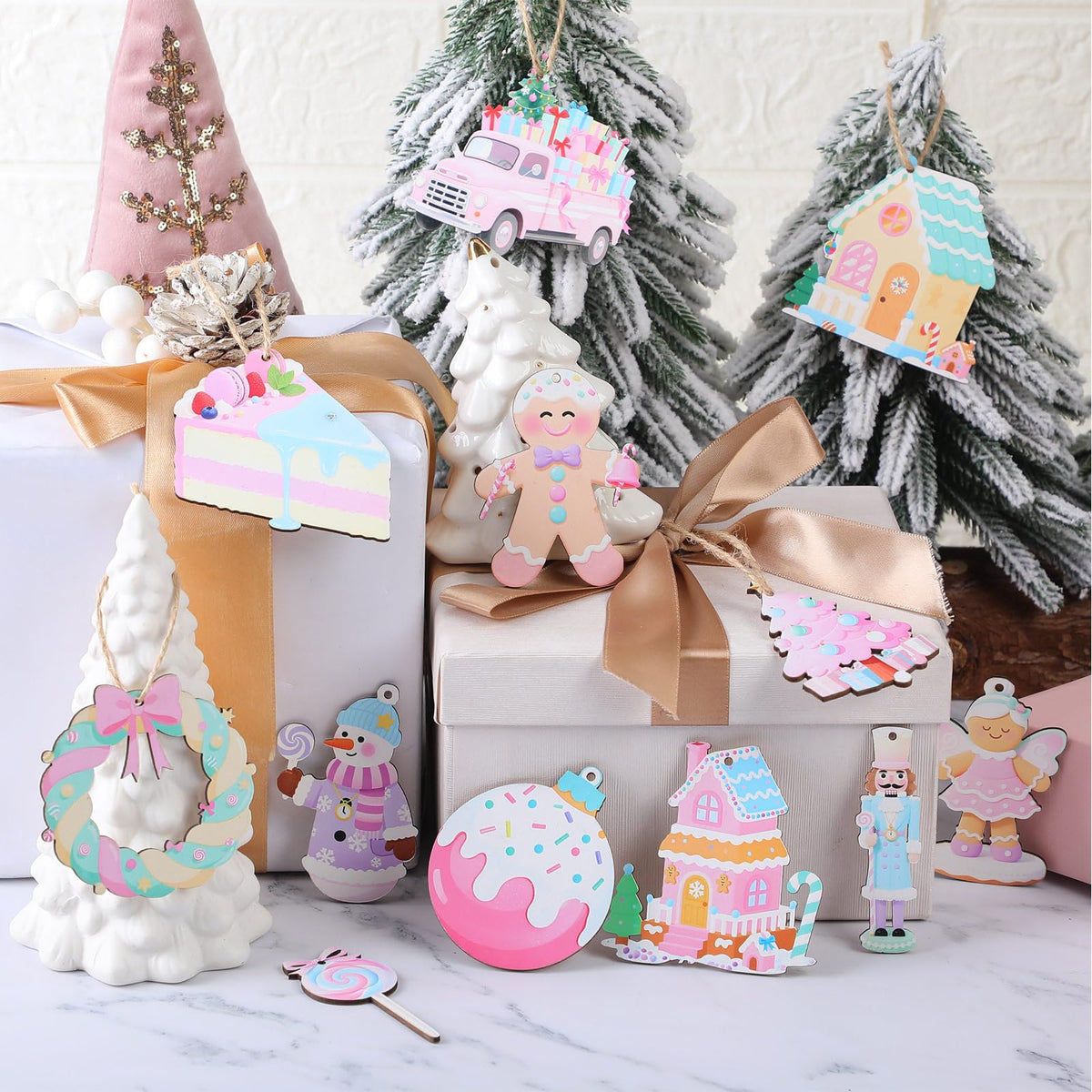 Kathfly 24 Pcs Pastel Christmas Tree Ornaments Candy Christmas Hanging Decor Wooden Gingerbread Man Lollipop Ice Cream Cake Ornament for Xmas Tree Garland Home Holiday Indoor Decor