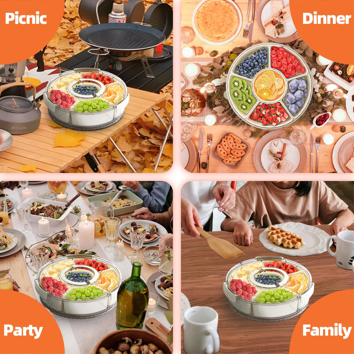 riyeloi Divided Serving Tray with Lid and Handle, Stackable Snackle Box Container for Fruits Candy Organizer, Portable Spinning Rounded Veggie Tray for Kitchen, Party, Trave and Picnic-1 PACK