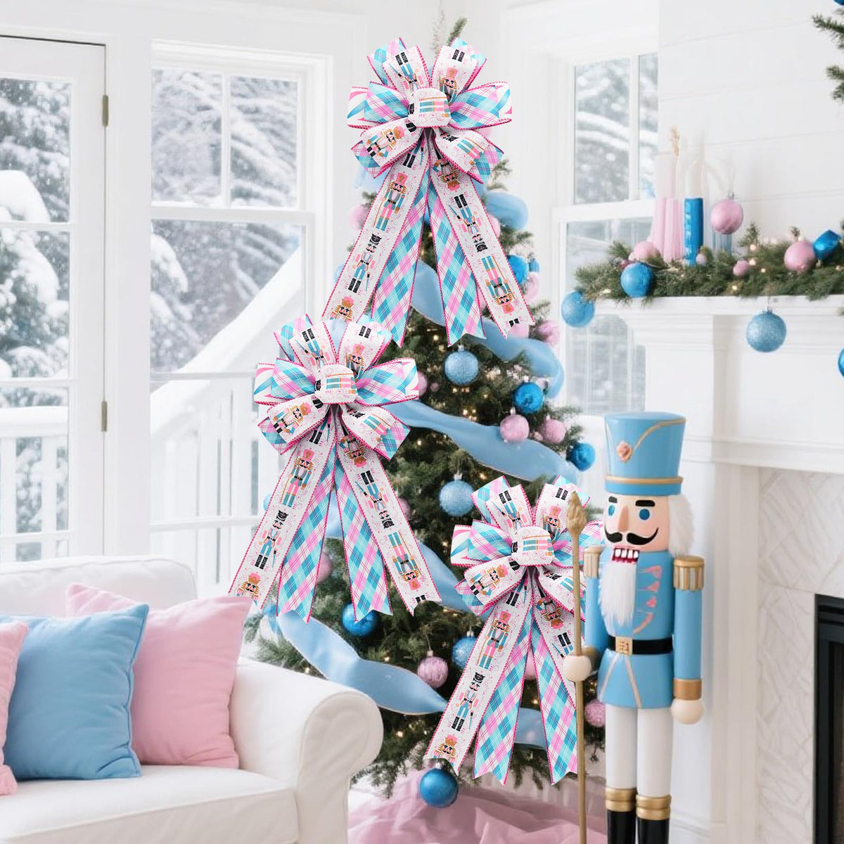 CRAFLOX Pastel Christmas Nutcracker Wired Ribbon for Wreath Bows, 3 Rolls, 2.5″ Wide, 15 Yards Total, Pastel Pink & Blue Check Wired Edge Ribbon for Crafts Supplies, DIY Bows