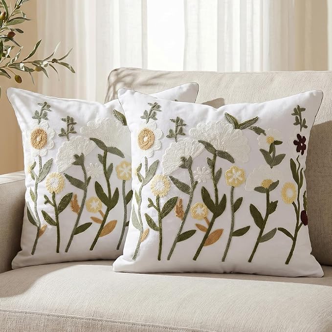 Neutral Floral Embroidered Throw Pillow Covers 20x20 Inch White Daisy Camel