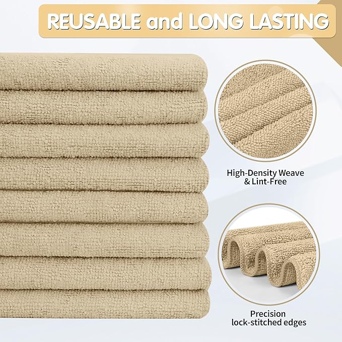 FIXSMITH Beige Microfiber Cleaning Cloth -Pack of 8, Highly Absorbent Cleaning