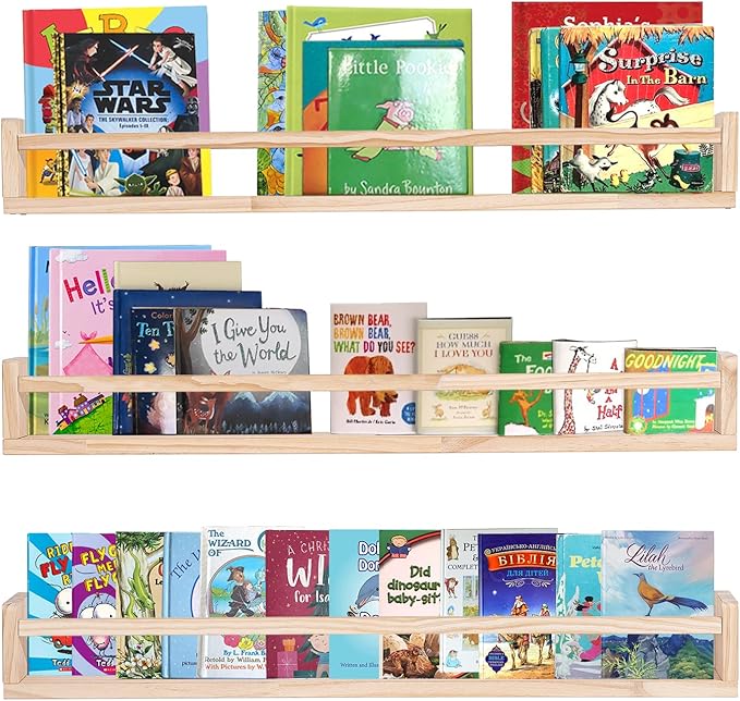 AZSKY Natural Wood Nursery Shelves, Floating Wall Mount Book Shelves Kids Baby