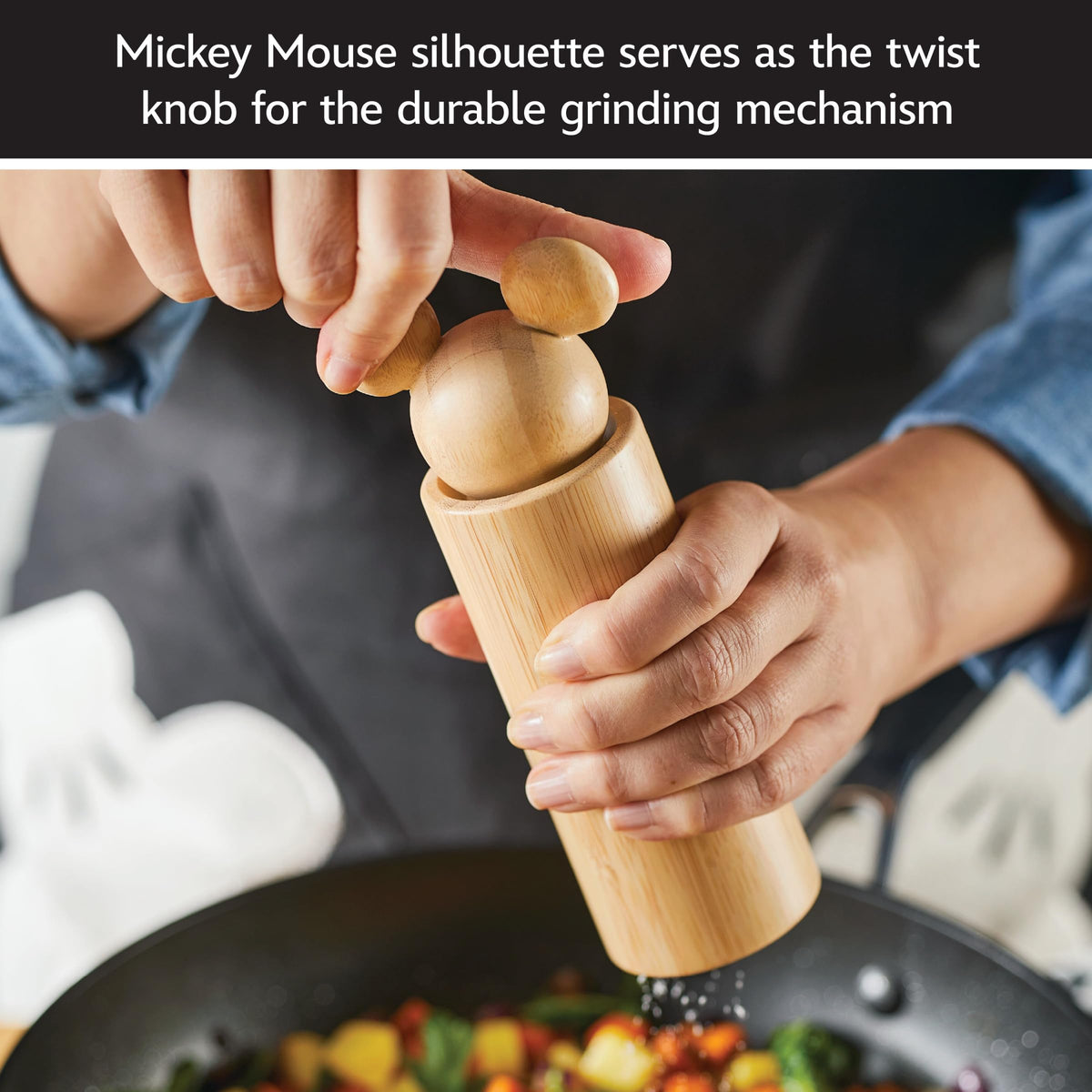 Disney Home Monochrome Bamboo Salad Server/Wood Serving Utensils with Salt and Pepper Grinder Set, 4 Piece - Bamboo