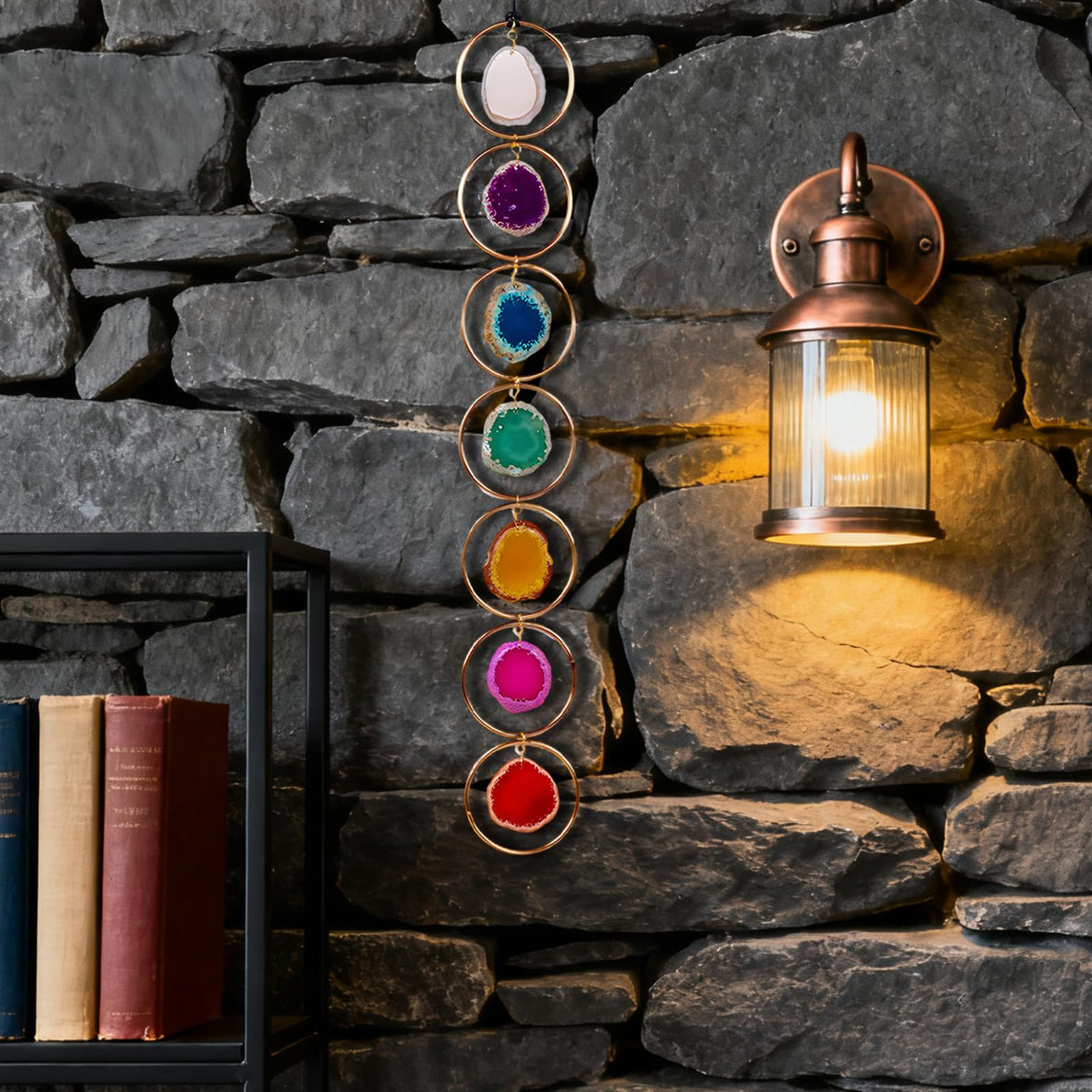 Texvora 7 Chakra Gemstone Wall Decor, 18.1 In Agate Slice, Natural Crystals With Gold Rings, Living Room Wall Hangings
