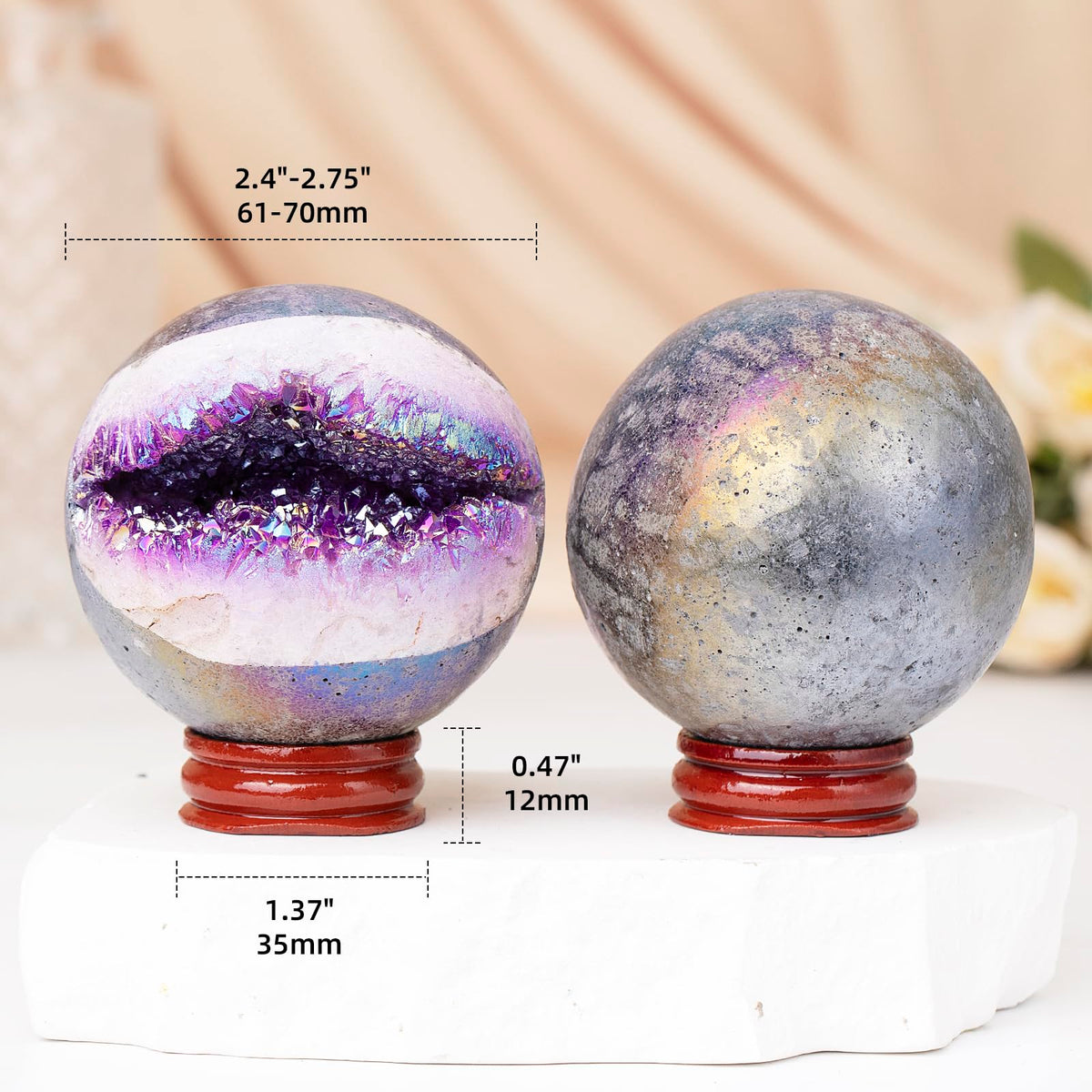 dssmboom Purple Titanium Coated Geode Stone Sphere with Wooden Stand for Home Decor, Rock Quartz Crystal Ball for Fengshui, Divination, Meditation, 61mm-70mm