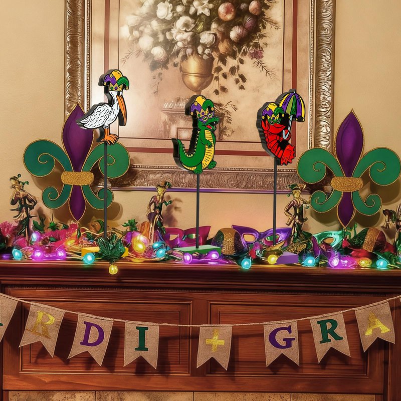Thyle 3 Pcs Mardi Gras Table Decorations Tiered Tray Decor Wood Set Rustic Mardi Gras Table Centerpiece Crawfish Pelican Alligator Louisiana Themed Animals Decor for Gift Kitchen Home Party Supplies
