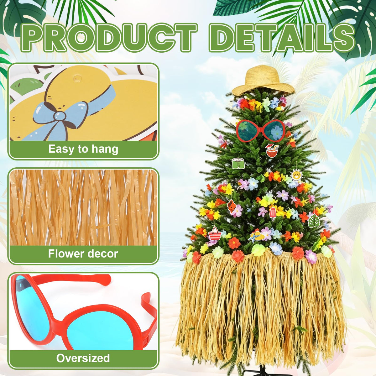 12Pcs Summer Christmas Tree Decorations Include Tassel Grass Skirt Oversized Sunglasses Beach Hat Flower Banner and Summer Tree Hanging Ornaments for Christmas in July Hawaiian Beach Party Supplies