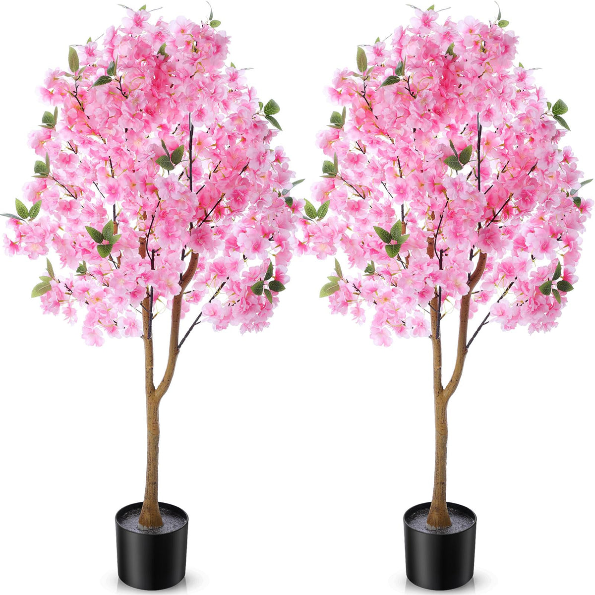 Giegxin 2 Pack Artificial Cherry Blossom Tree 3.9 FT Fake Faux Sakura Flowers Potted Plant Indoor with Plastic Nursery Pot for Home Porch Bedroom House Entryway Office Outdoor(Pink)