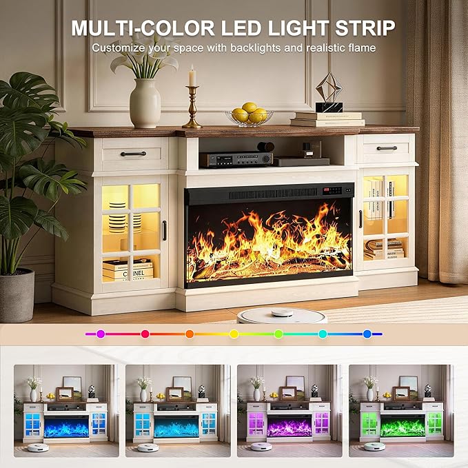MXV 70" Fireplace TV Stand, 3-Sided Glass Fireplace and Modern Entertainment