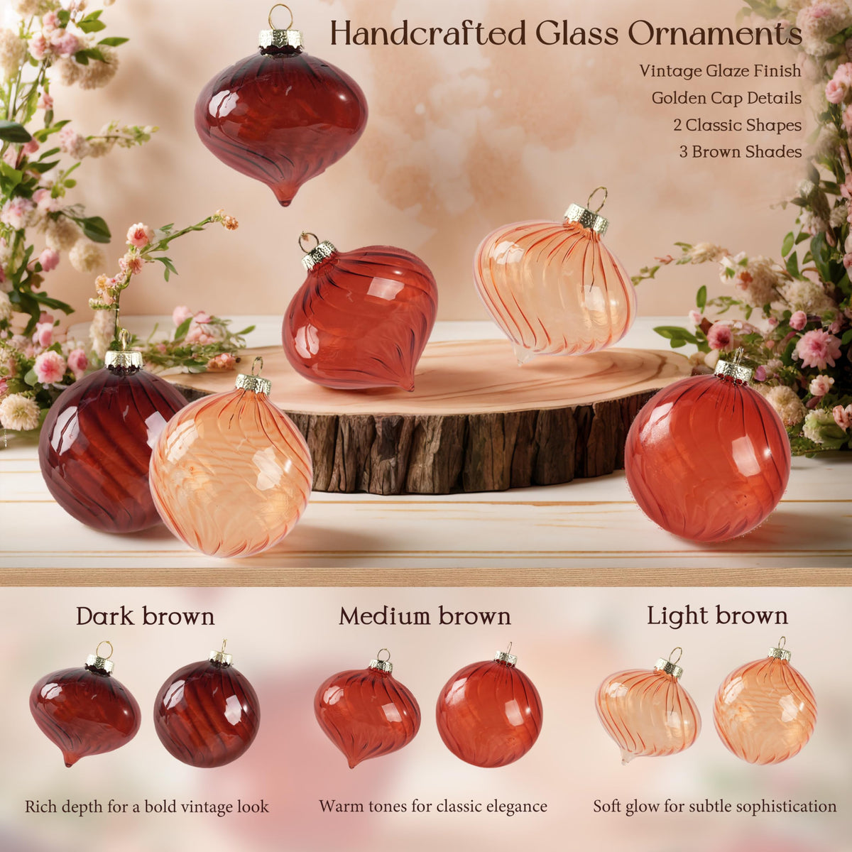 OuMuaMua Brown Christmas Ornaments for Tree, 12 Pcs Christmas Hanging Decorations Neutral Glass Ball Ornaments for Xmas Tree Home Winter Holiday Party Decorations