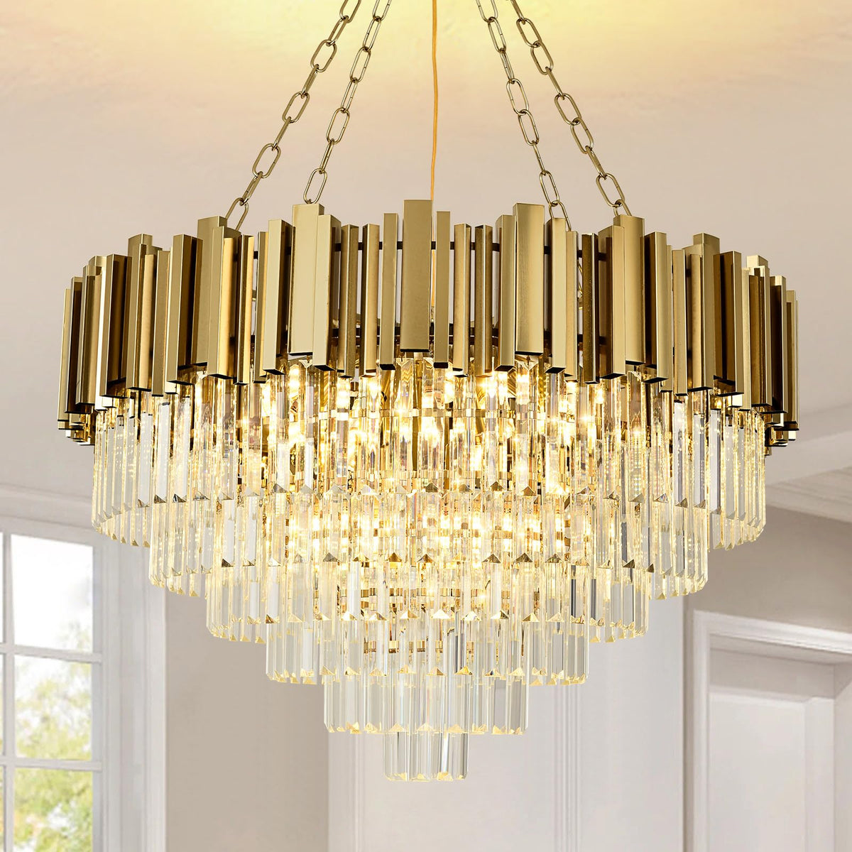 AOOCHOK Modern Crystal Chandelier Gold Pendant Light Fixtures, Round Crystal Pendant Lighting for Living Room, Dining Room, Bedroom, Restaurant, E12 x 12, Φ30inch