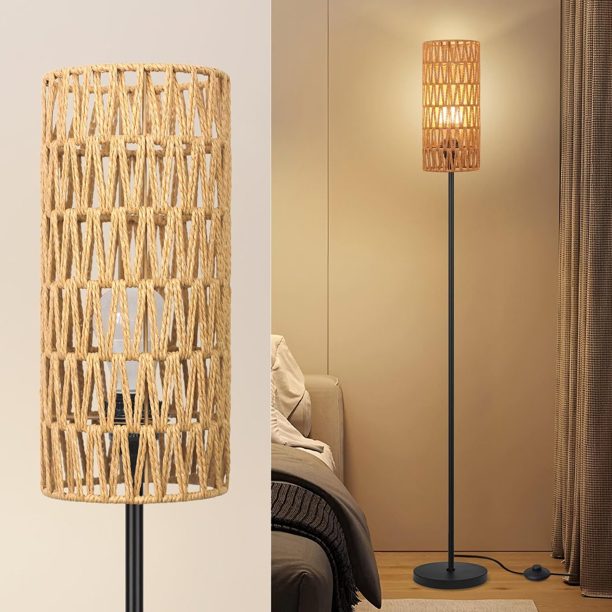 Ruiever Floor Lamp for Living Room,Farmhouse Rattan Floor lamp,Modern Standing lamp with Hand-Worked Rattan Shade,Black Tall Lamp with Foot Switch for Bedroom,Kids Room,Office,LED Bulb is Included.