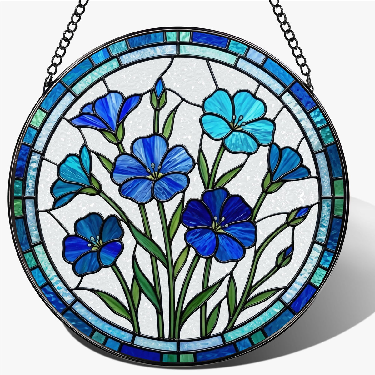 Stained Glass Window Hanging, 7.8 Inch Blue Flower Suncatcher, Blue Botanical Window Decor, Stained Glass Ornaments for Windows, Doors & Home Decor, Mother's Day Birthday Gift for Mom, Garden Lovers