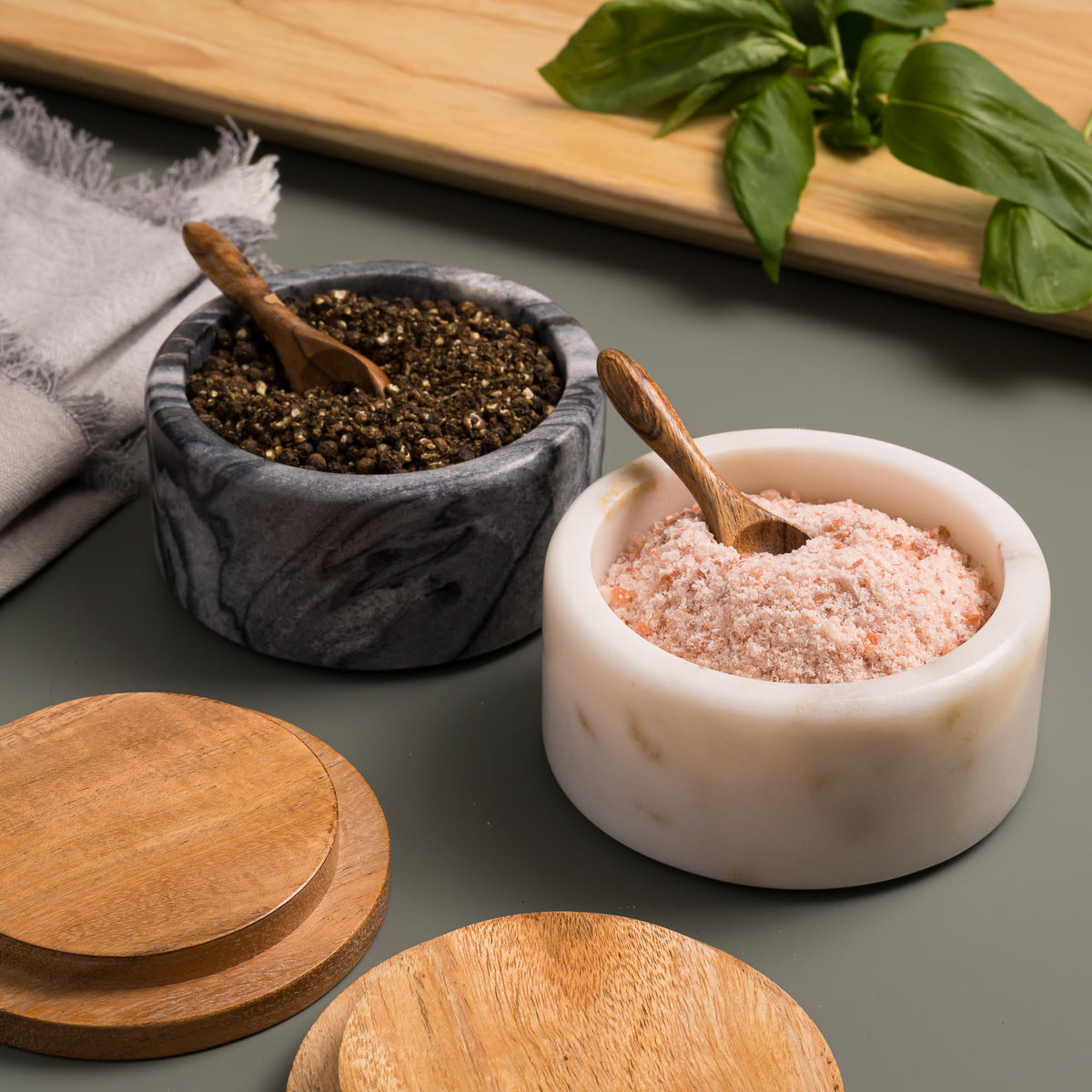 Cork & Mill Marble Salt and Pepper Bowls - Set of 2 Handcrafted White/Grey Solid Marble Salt and Pepper Cellars with Lids and Spoons - Elegant Containers for Countertop or Table