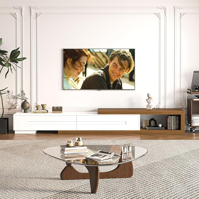Extendable TV Stand with 2 Drawers, Long Reversible Entertainment Center with