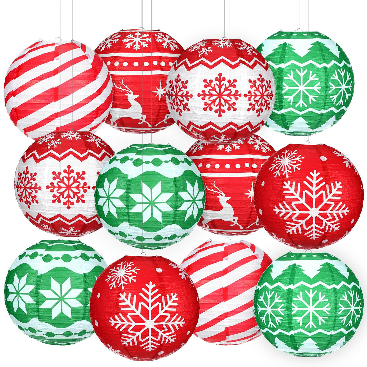 Bencailor 12 Pcs Summer Christmas Hanging Paper Lanterns Set Xmas Decorative Party Round Hanging Lamps for Summer Xmas Home Decoration Supplies Props Holiday Decor(12 Inch,Noble)