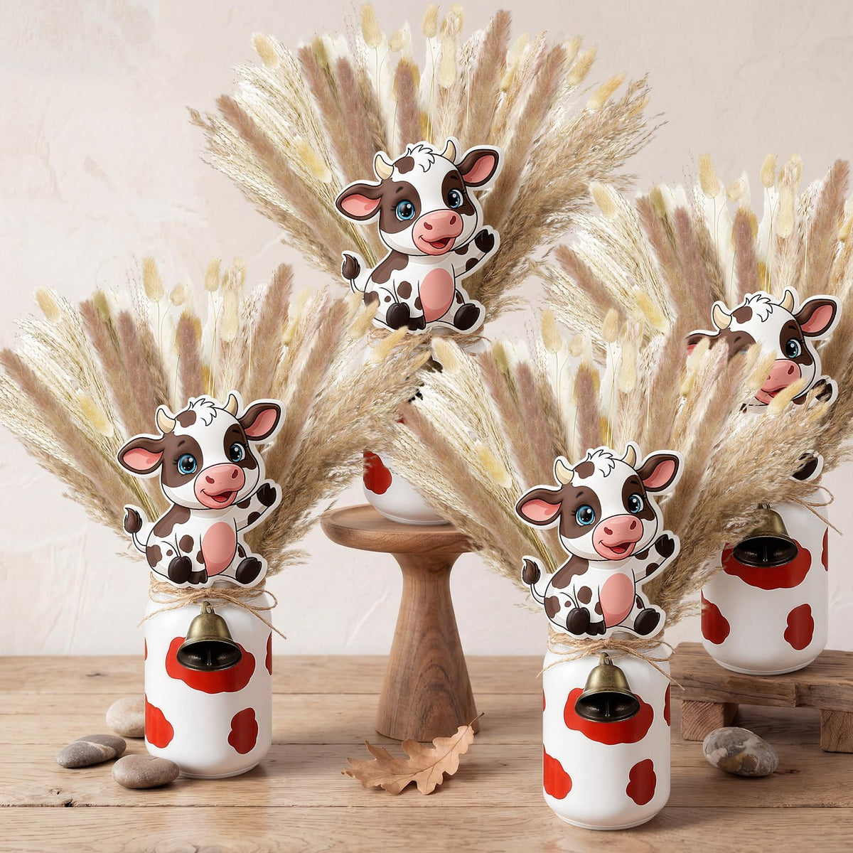 Ferrochef 4 Sets Farm Theme Centerpieces Cow Birthday Party Decorations for Tables, 119 Pcs Farm Party Decoration Include Mason Jars Bell Dried Pampas Grass Kit for Birthday Baby Shower(Brown)
