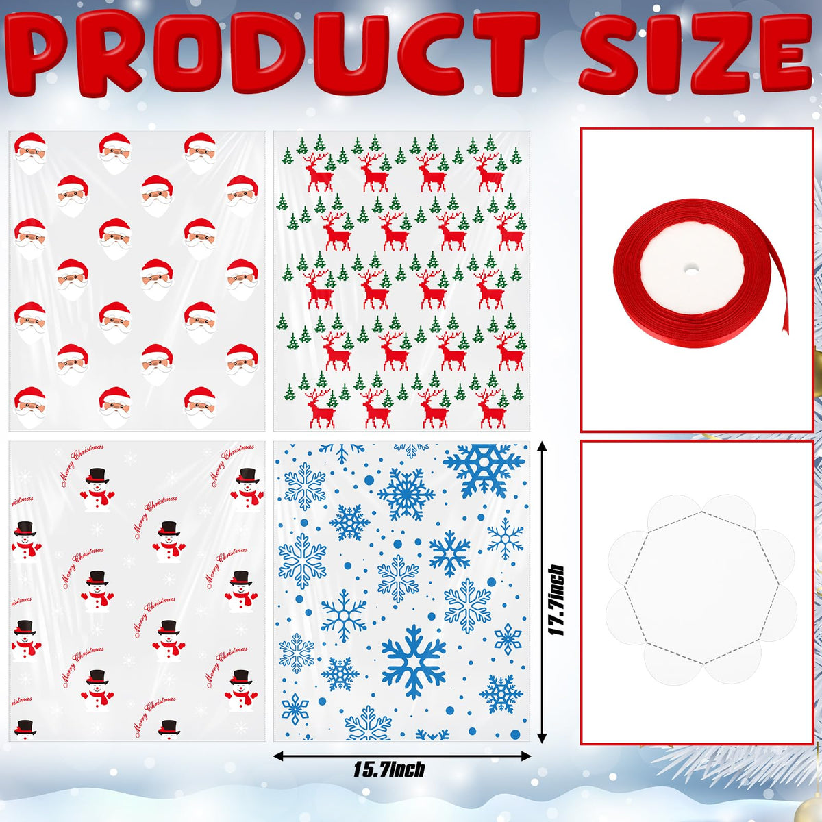 Sunnychicc 24 Pack Christmas Clear Plastic Bake Bags with 8'' Cake Tray Red Ribbon Bakery Gift Packaging Santa Snowman Elk Snowflake Pattern Cellophane Treat Bags for Toast Bread Cookies Candy Food