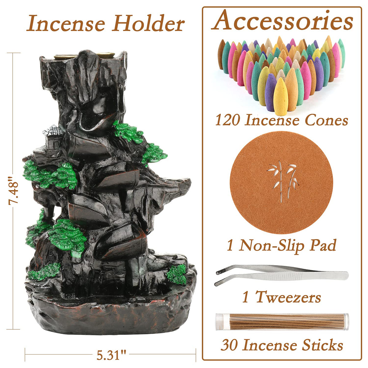 Jueison Dual Sided Mountain Backflow Incense Burner Resin Waterfall Incense Holders Cone Stick Holder with 120 Incense Cones + 30 Incense Sticks + 1 Mat + 1 Tweezers for Home Office Decor Gift