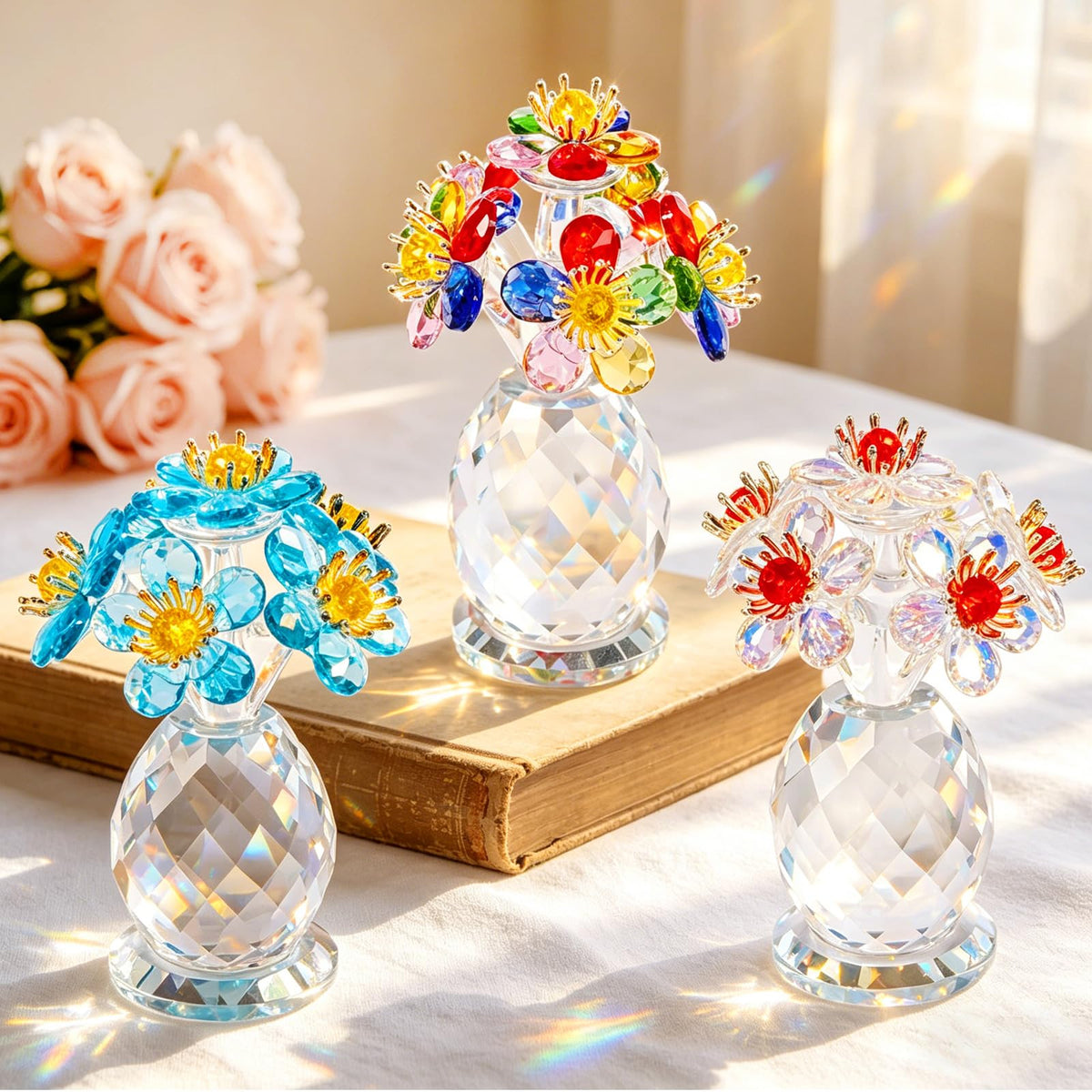 Anxingo Crystal Flower Figurine, Handmade Eternal Glass Flower (Multicolor)