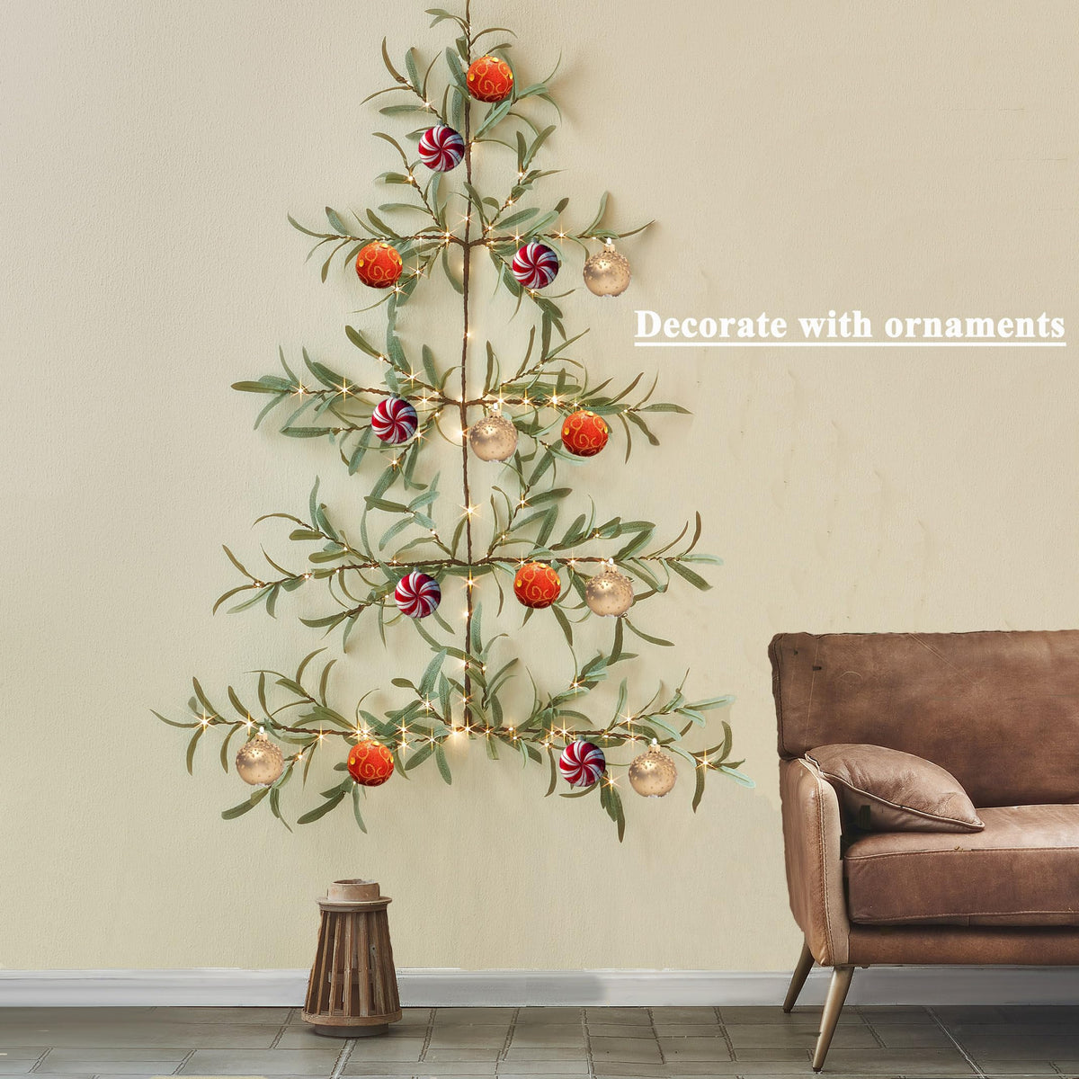 Hairui Lighted Wall Hanging Olive Tree with Timer 3.5FT 140 Warm White LED Fairy Lights, Vine Garland with Lights for Home Room Fireplace Wall Window Christmas Decoration Inside Outside