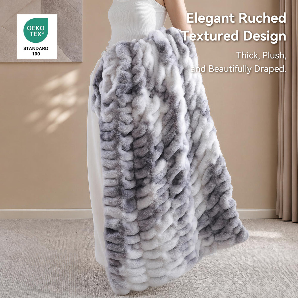 Smoofy Tie-dye Grey Throw Blanket for Couch – Luxury Faux Rabbit Fur Blanket, Ultra Soft Fluffy Plush Fuzzy, Lightweight Warm Cozy Blanket for Bed Sofa, Aesthetic Room Decor Gift for Women 60"x80"