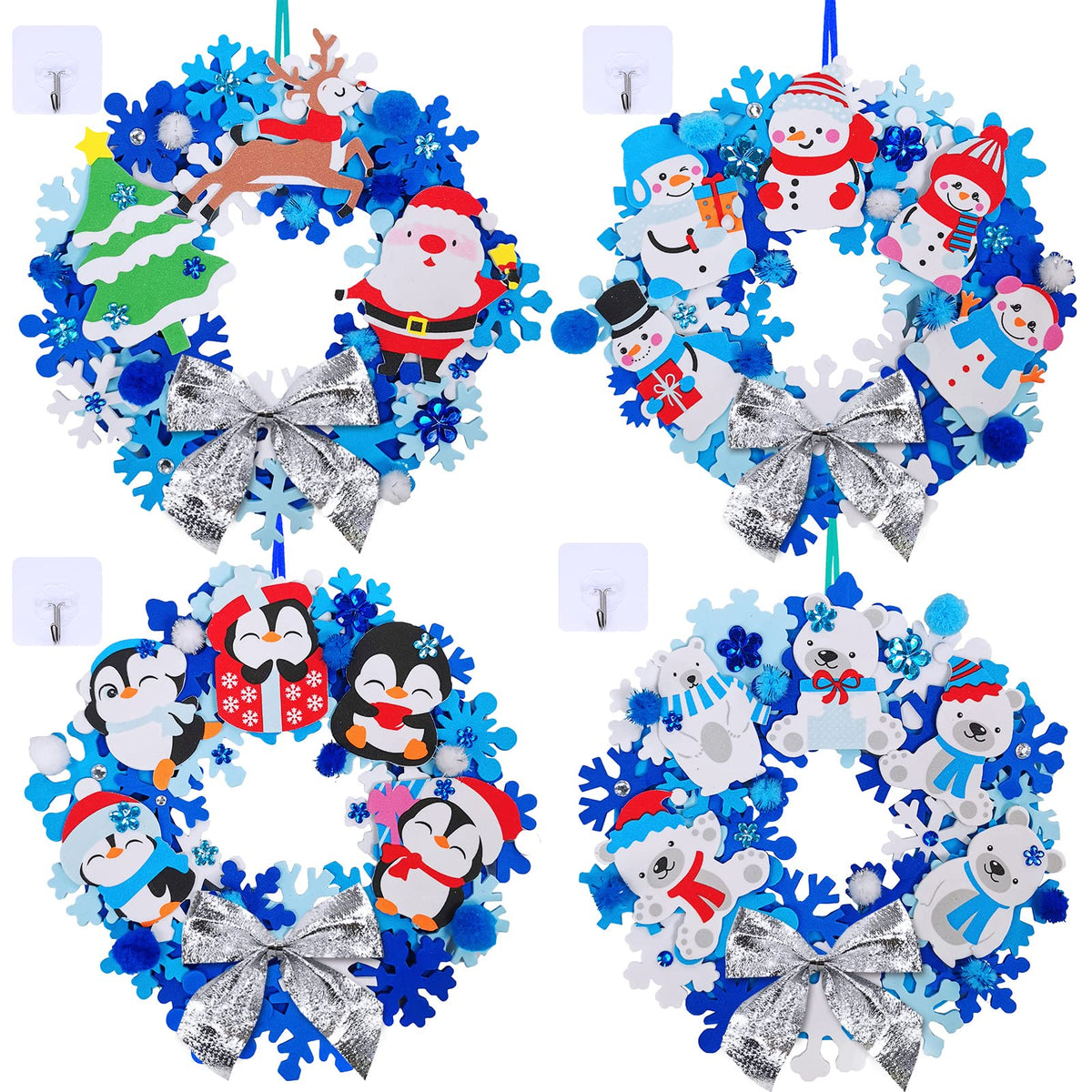 Winlyn 12 Sets Winter Crafts DIY Christmas Snowflake Wreath Ornaments Decorations Art Sets Snowman Santa Foam Stickers for Kids Classroom Activities