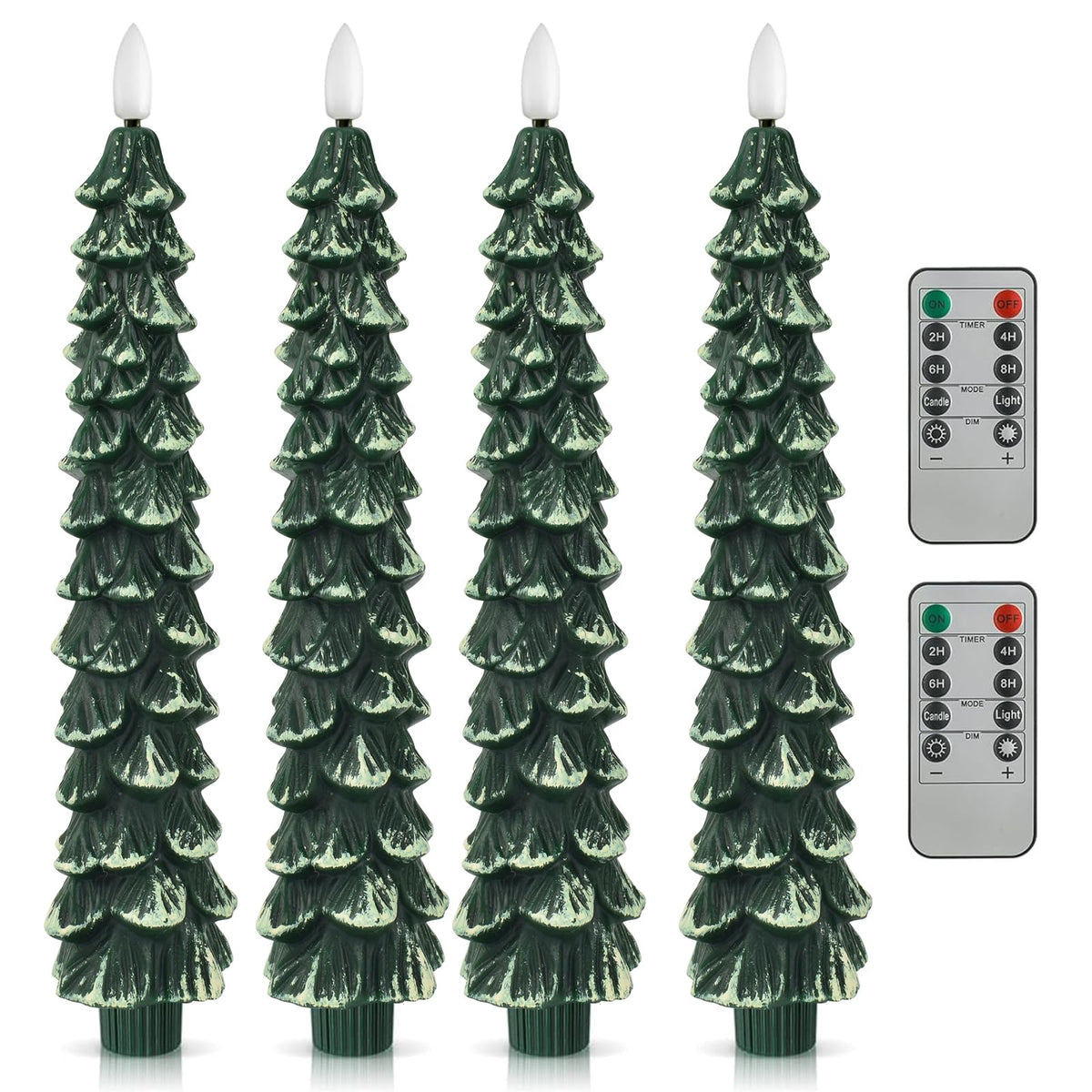 FYBW Christmas Tree Flameless Taper Candles with Remote Timer,4 Pcs Green LED Taper Candles with 3D Flame for Holiday Decorations (Snowy Green B)