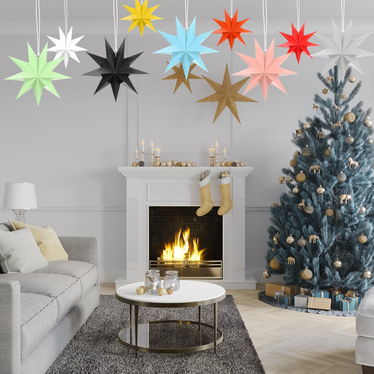 MECCANIXITY 5 Pcs Paper Star Lanterns 9-Pointed 12" Hanging Star Paper Lantern Hanging Lampshade for Christmas,Wedding,Graduation Party Supplies, Gold