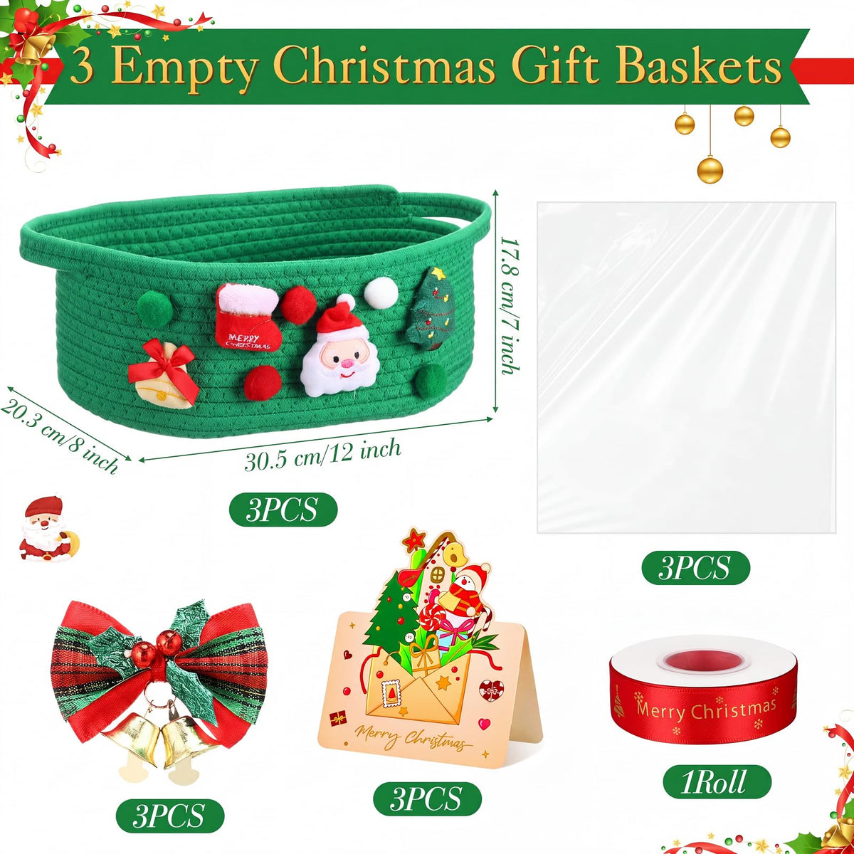 Funnymoom 3 Set Christmas Gift Basket Empty Small Woven Basket with Gift Bag Bow Ribbon Xmas Card 12" x 8" x 5" Cotton Rope Storage Bin with Handle for Christmas Holiday Decoration(Green,Classic)