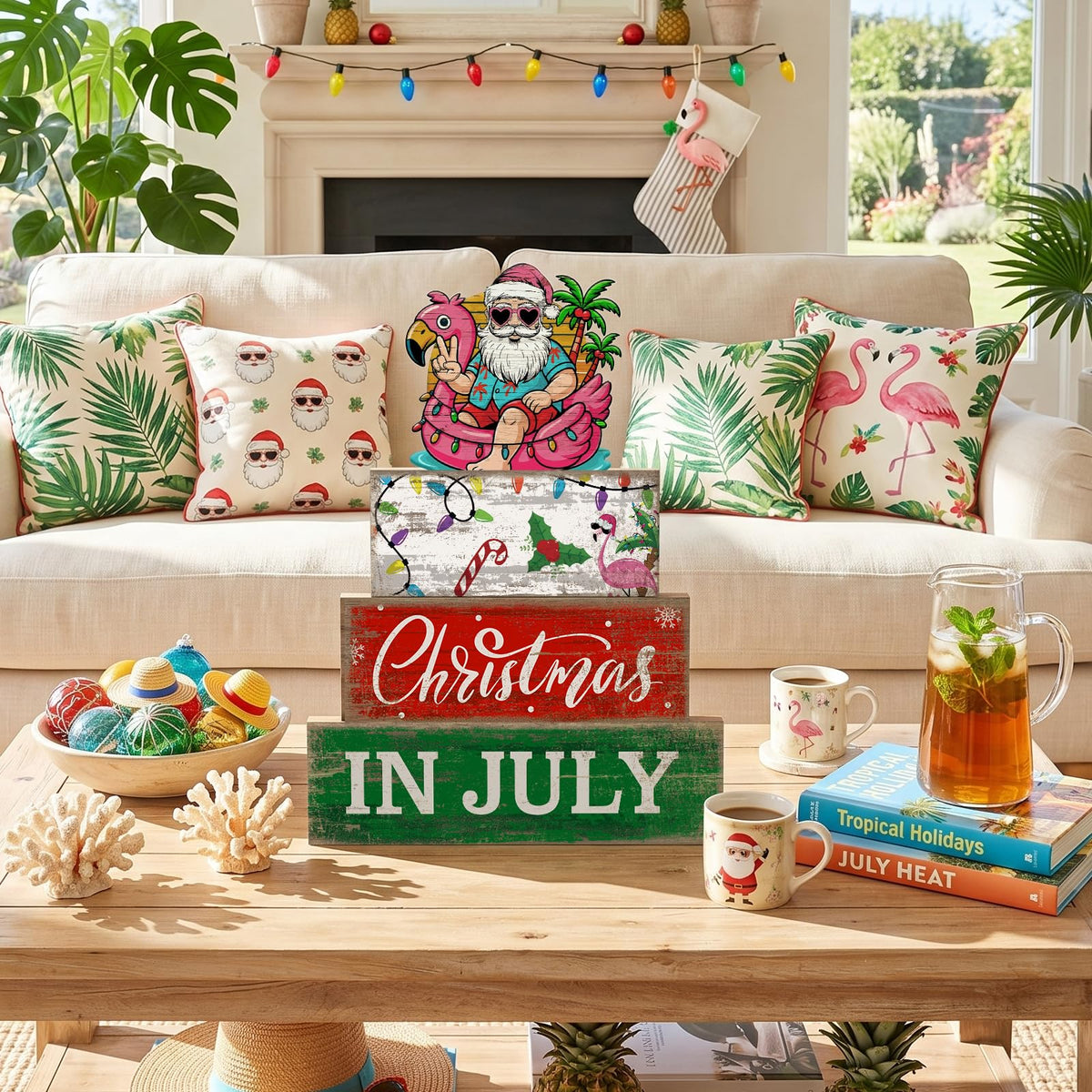 Lineshading 4 Pcs Summer Christmas in July Wooden Table Decoration Tropical Christmas Tiered Tray Decor Santa Claus Flamingo Beach Party Supplies Xmas Table Centerpiece Sets for Shelf Home Office