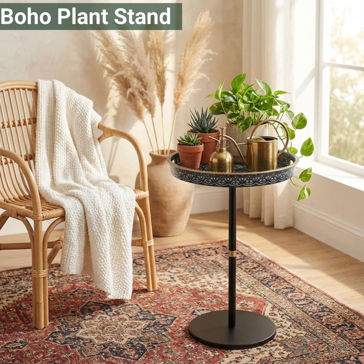 Gesodant Boho Single Leg Round Side Table with Tray Top, Pedestal Drink Table for Small Spaces, Aesthetic Accent Nightstand for Living Room, Bedroom, Corners, and Office (Blue Maze)