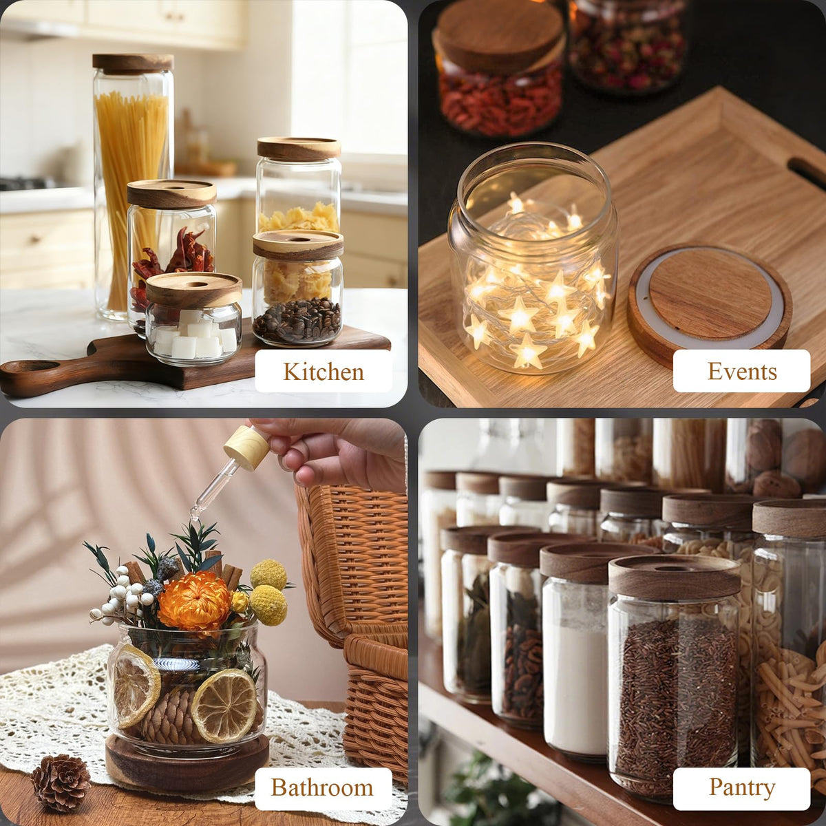 Glass Jars with Airtight Wood Lids - 17 oz Small Kitchen Pantry Storage Containers, Stackable Decorative Canisters for Chia Seed, Tea, Ground Coffee, Sugar, Spice, Salt, Matcha, Nuts, Q-Tip, Set of 2