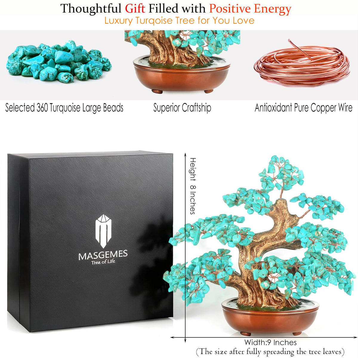 MASGEMES Howlite Turquoise (360 Large Beads) Crystal Tree Bonsai – Throat Chakra Healing Tree of Life, Feng Shui Positive Energy Decor for Home Office & Meditation Spaces 8''