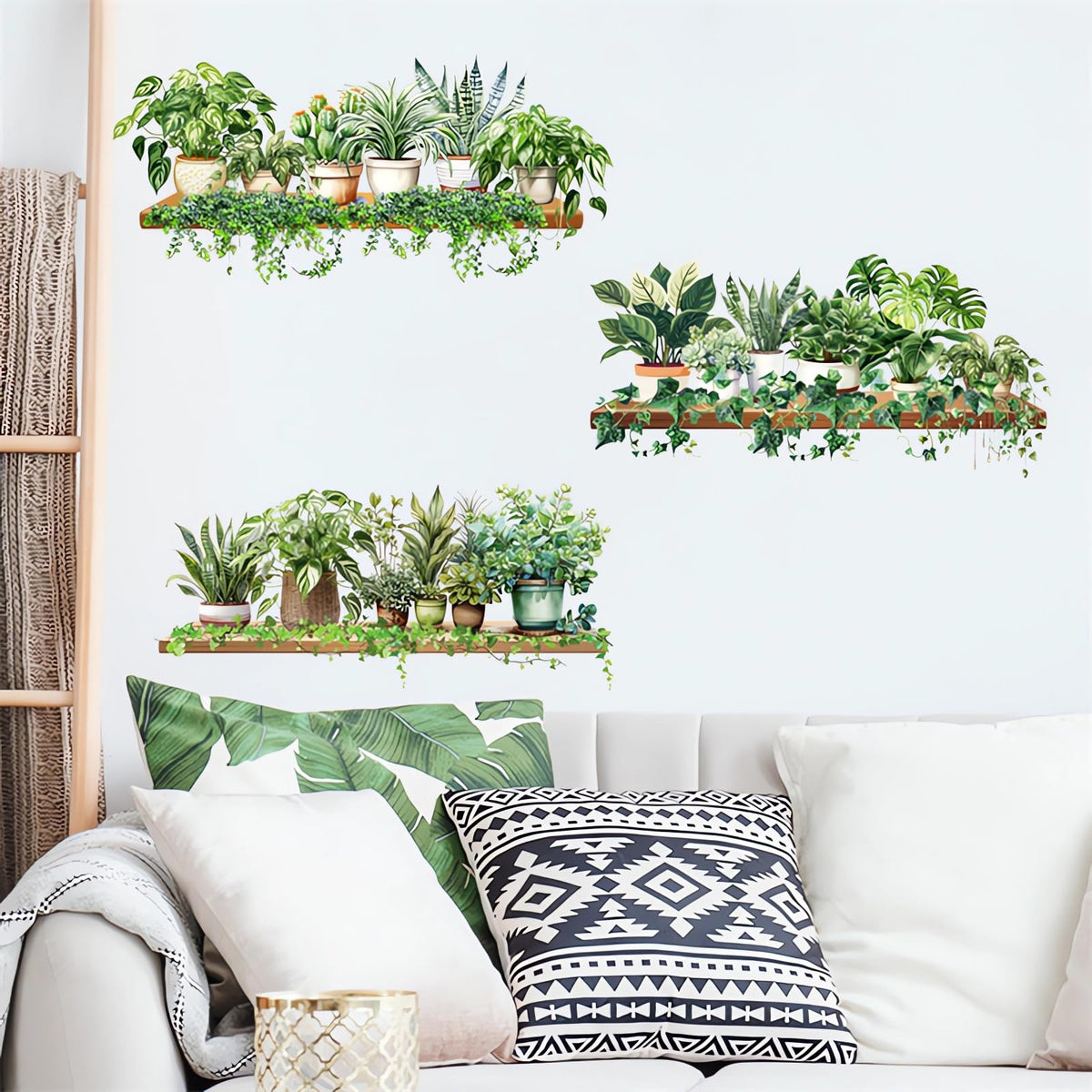 3 Pcs Green Plants Potted Wall Stickers, sacinora Green Leaves Wall Decals Removable Vinyl Peel and Stick for Living Room Bedroom Kitchen Study Room Art Home Decorations
