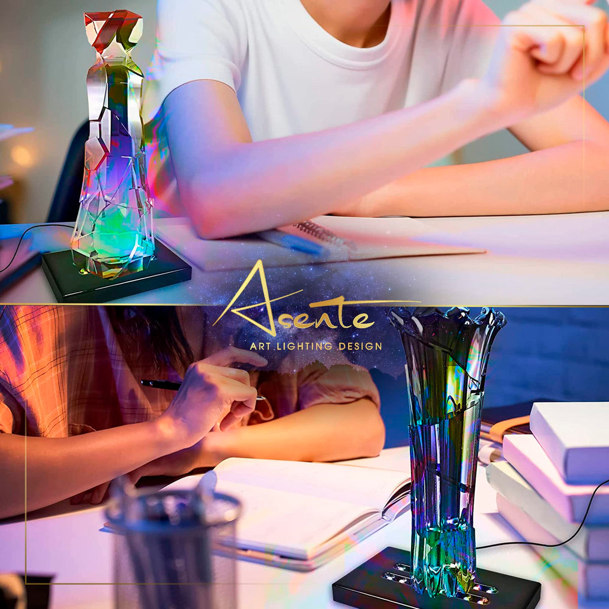 ASENTE 20 LED Lighted Base for Glass Art - Rectangular Satin Matte Black White Light Stand Base for 3D Art Glass, Room Decor and Gemstones and Crystals - AC/USB Adapter Powered (Black)
