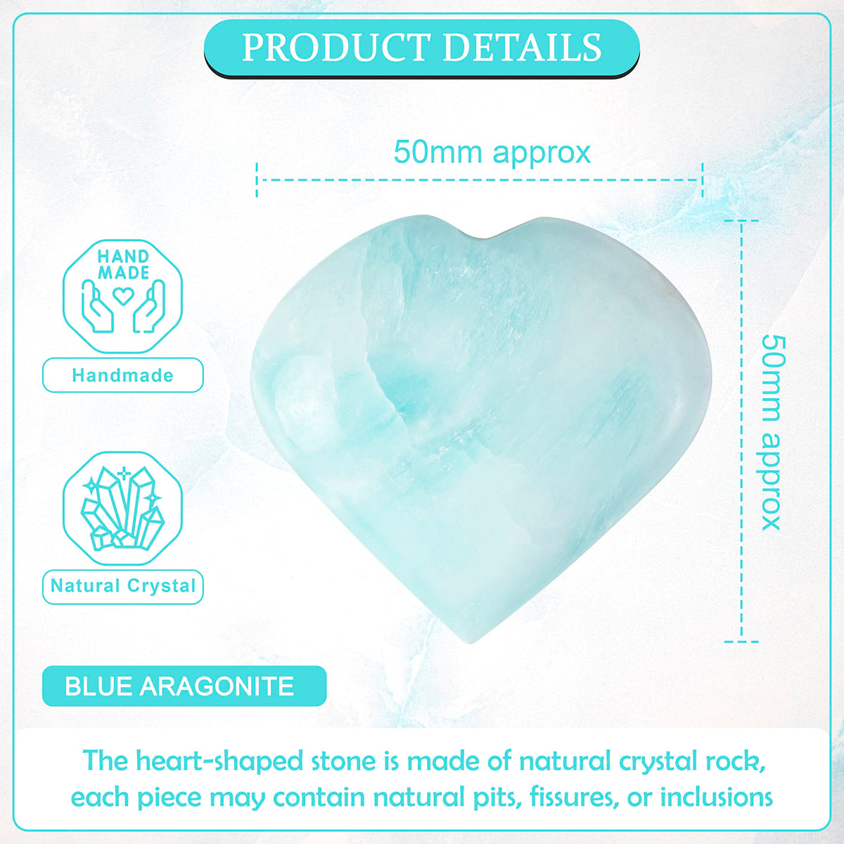 Crocon 50mm Blue Aragonite Heart Stone Big Heart Shape Puff Stones Set 450+ Carats Pocket Crystal Healing Tumble Collection Palm Worry Stone Good Luck Charm Meditation Gift Craft Home Decor
