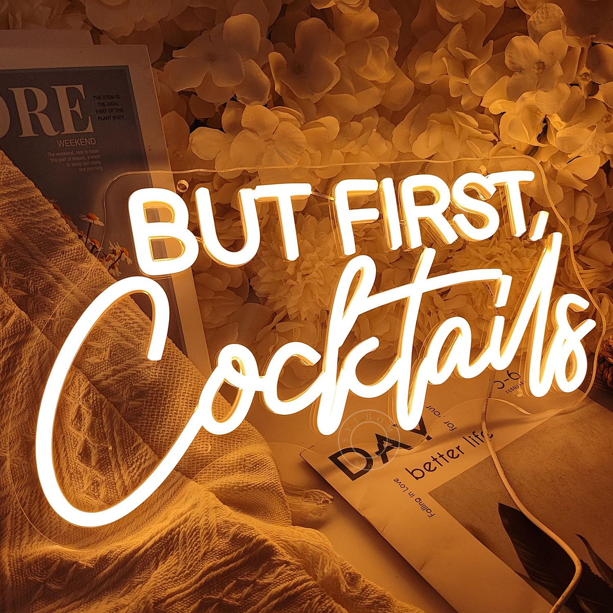 SYLHOME But First Cocktails Led Neon Light Sign Home Bar Shop Bedroom Man Cave Wall Sign Decor Wedding Birthday Party Light Up Sign Celebrate Backdrop USB 15.75"X7.9"