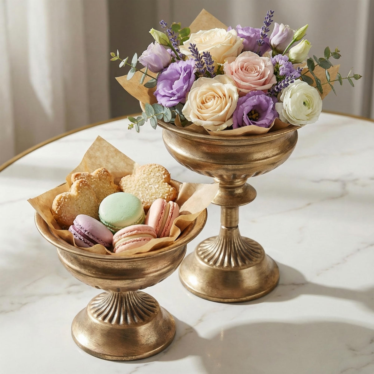 WORTH Gold Urn Vases for Centerpieces Set of 2 (8.8" H x 7.8" Dia & 6.1" H x 7.8" Dia), Classic Metal Trumpet Flower Pot for Table Bowl Vase for Wedding Party Event Home Deco, Smooth, Non-Aged Finish
